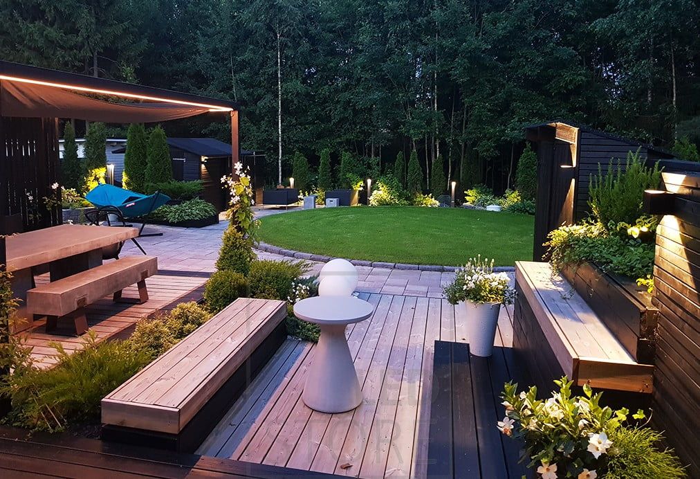 FUNK led pillar luminaires for courtyard lighting and an outdoor dining area illuminated by a led strip light. In addition, wall lights illuminating in two directions. Ledstore.fi